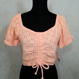 So Brand Junior Size X-Large Summer Shirt Orange Cinch Front Puff Sleeve Top NEW